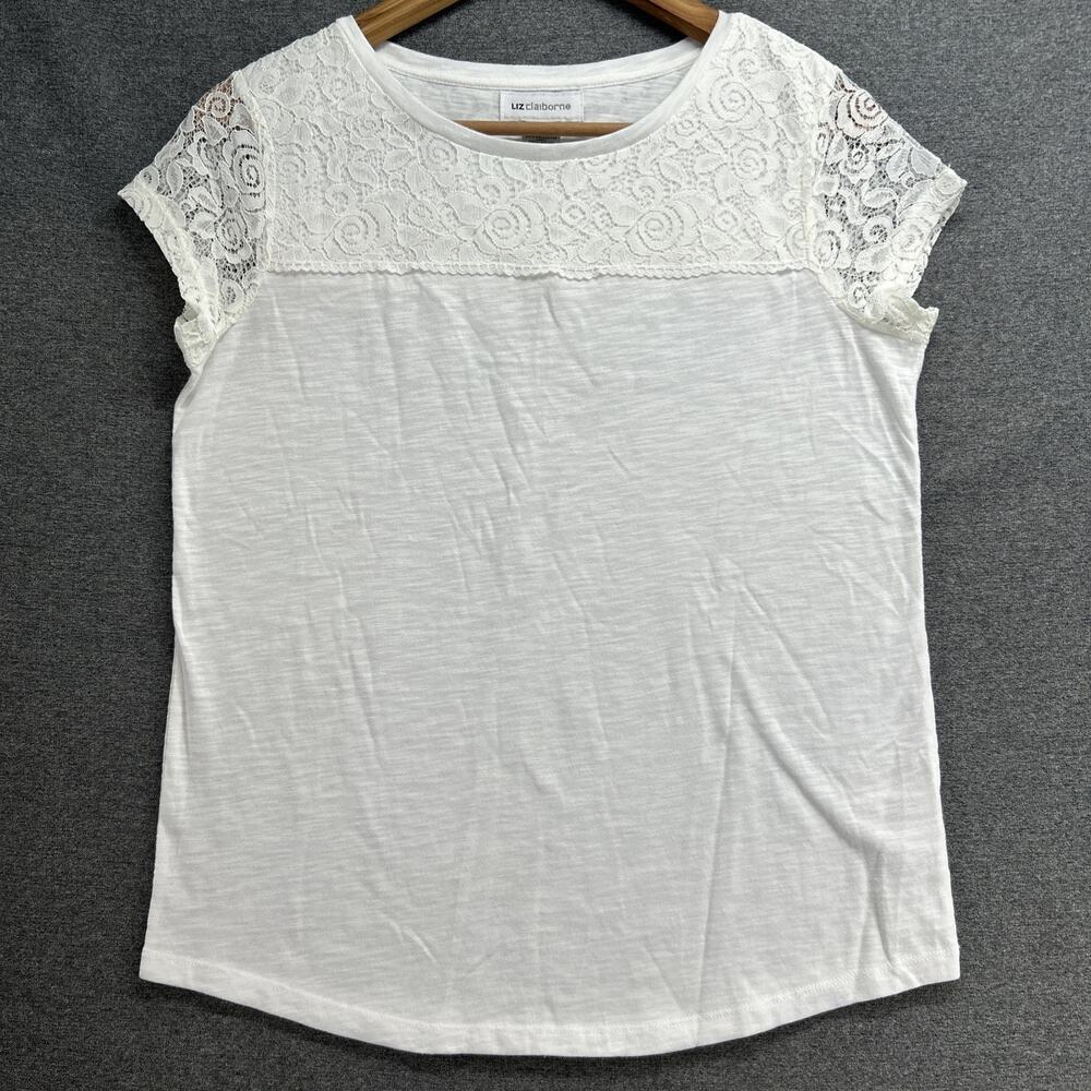 Liz Claiborne Blouse Womens Small White Lace Short Sleeve Knit T-Shirt Casual
